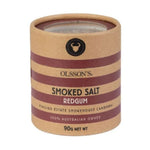 OLSSON'S Dry Redgum Smoked Salt 90g jar, fine smoked seasoning for culinary use, in clear glass container with label.
