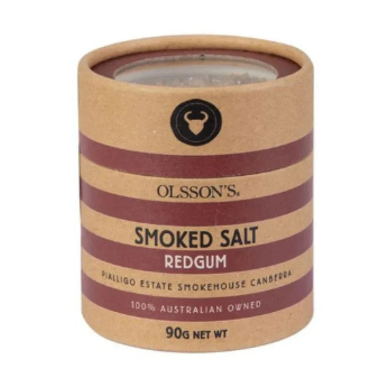 OLSSON'S Dry Redgum Smoked Salt 90g jar, fine smoked seasoning for culinary use, in clear glass container with label.