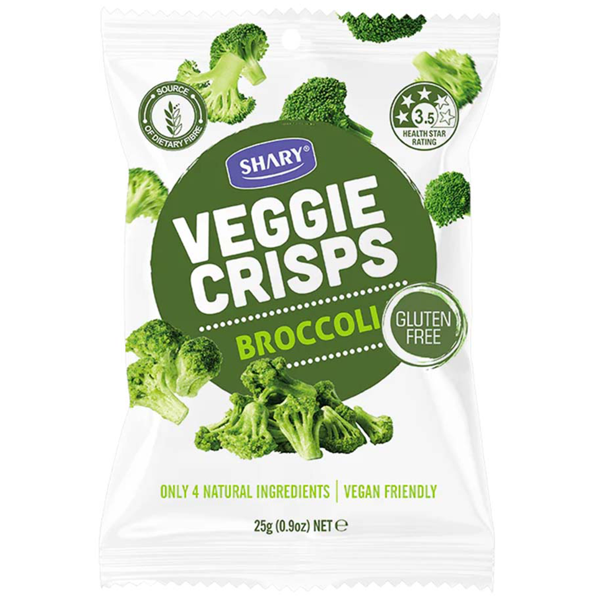 Shary Crisps Broccoli confectionery snacks in vibrant packaging, featuring broccoli-shaped crispy treats with green and white colors.