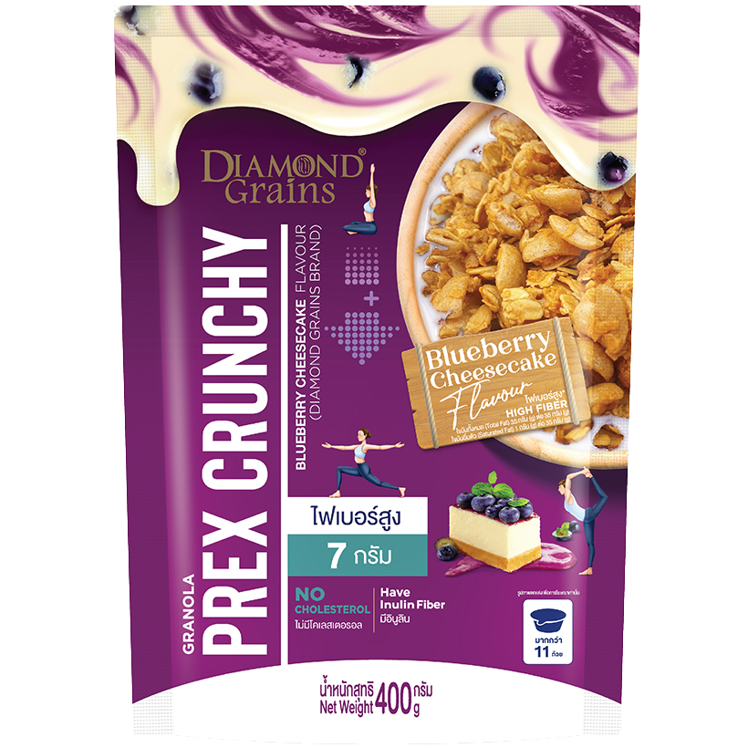 Diamond Grains Blueberry Cheesecake Granola in a bowl, showcasing crunchy texture and blueberry pieces.
