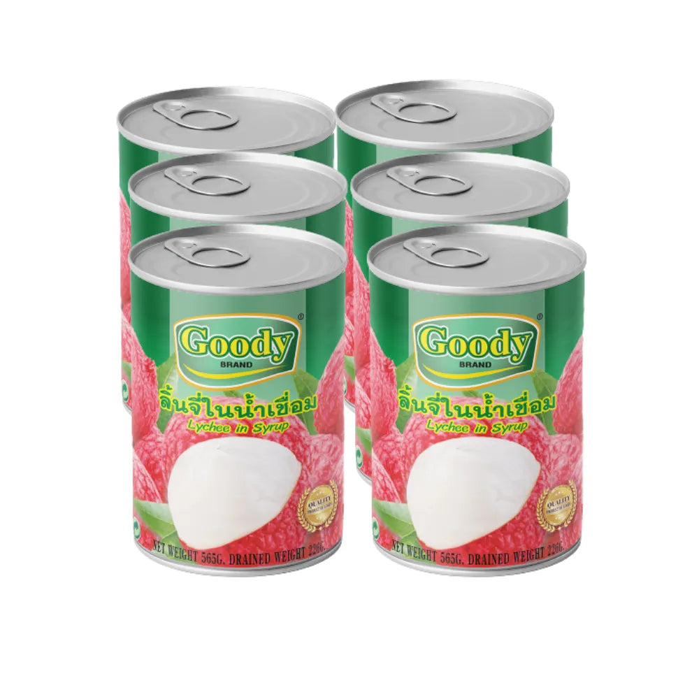 Cans of GOODY Lychee in syrup, 234g each, arranged in a pack of six, ideal for desserts and fruit salads.