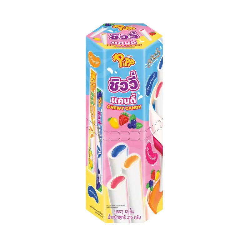 PIPP Pipp Chewy Mango Candy in 18g packs, showing colorful mango-flavored chewy candies in a clear bag.