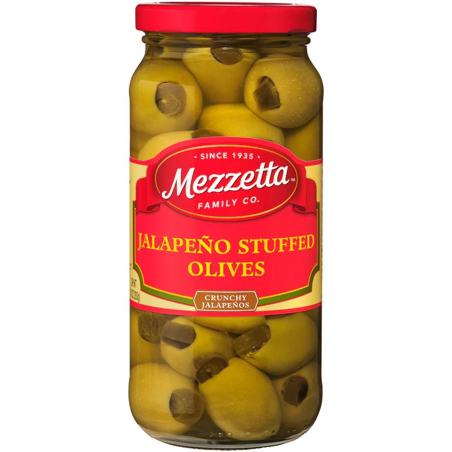 Mezzetta jalapeno stuffed olives in a jar, showcasing green olives filled with spicy jalapeno peppers, ideal for healthy snacking.