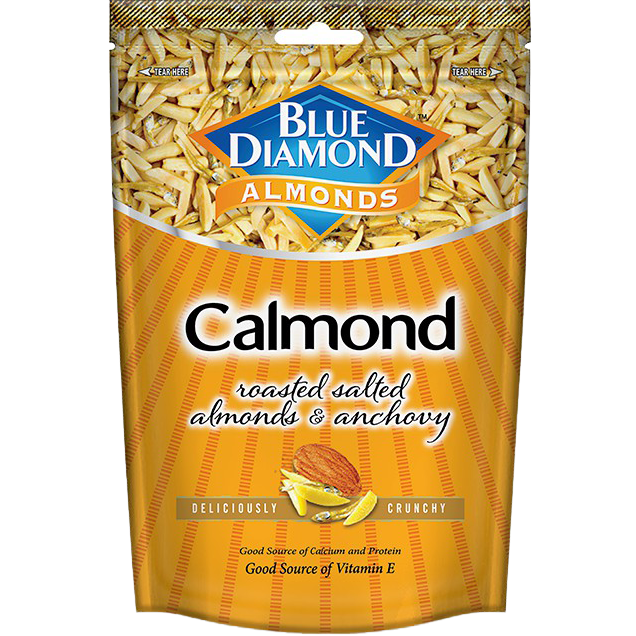 Blue Diamond Calmond confectionery snacks in a colorful package, featuring blue diamond branding and vibrant design elements.
