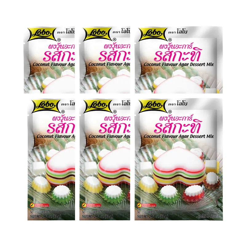 Lobo Agar Powder with coconut milk flavor, 60g, in a package for cooking and dessert preparation, from the Lobo dry grocery brand.