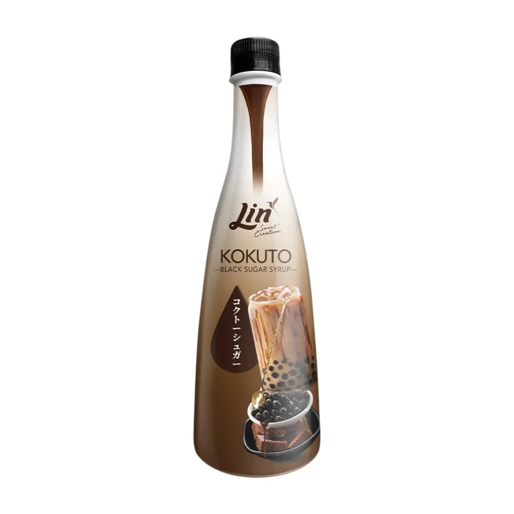 Lin Kokuto Scent Syrup 700ml in a clear bottle with a dark brown liquid, used for cooking and baking in dry grocery recipes.