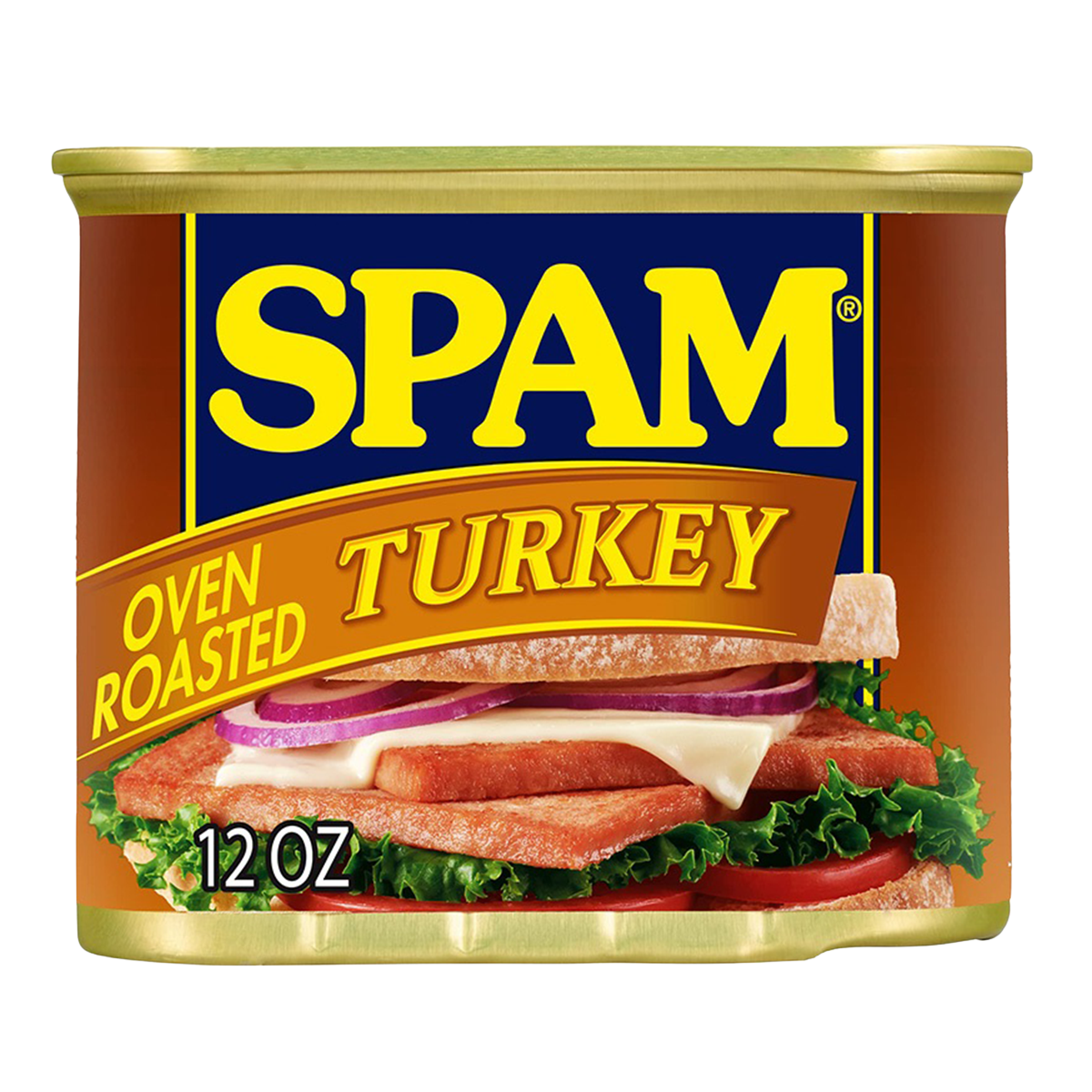 Cans of SPAM Oven Roasted Turkey in a grocery store display, showing the product label and packaging.