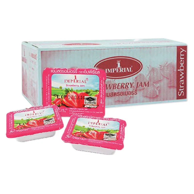 Imperial Strawberry Jam spread packets, 15g x 100, dry grocery product with colorful packaging featuring strawberries.
