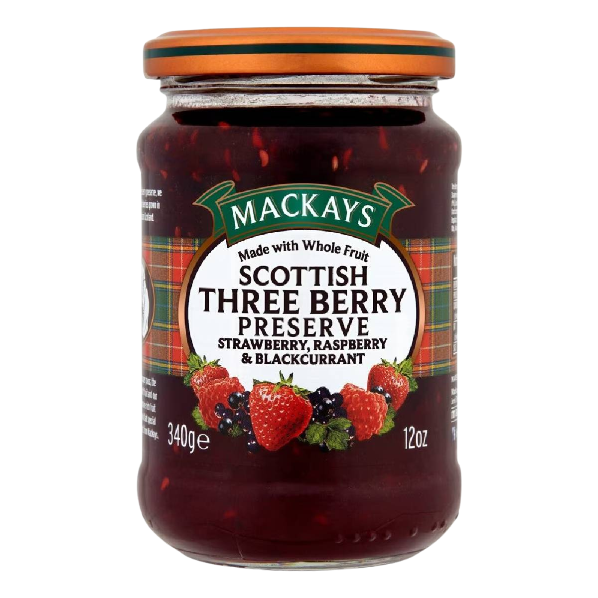 Mackay Three Berry Preserve jar with a spoon, showing the vibrant mixed berry spread and fresh berries on a white background.