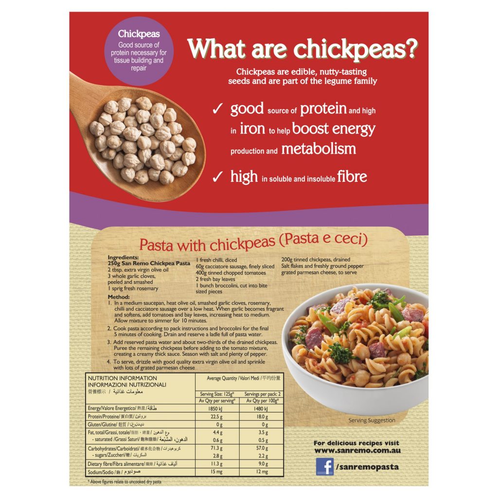 San Remo Chickpeas Spirals, uncooked pasta with chickpea flour, in a clear bag showing the spiral-shaped pasta.
