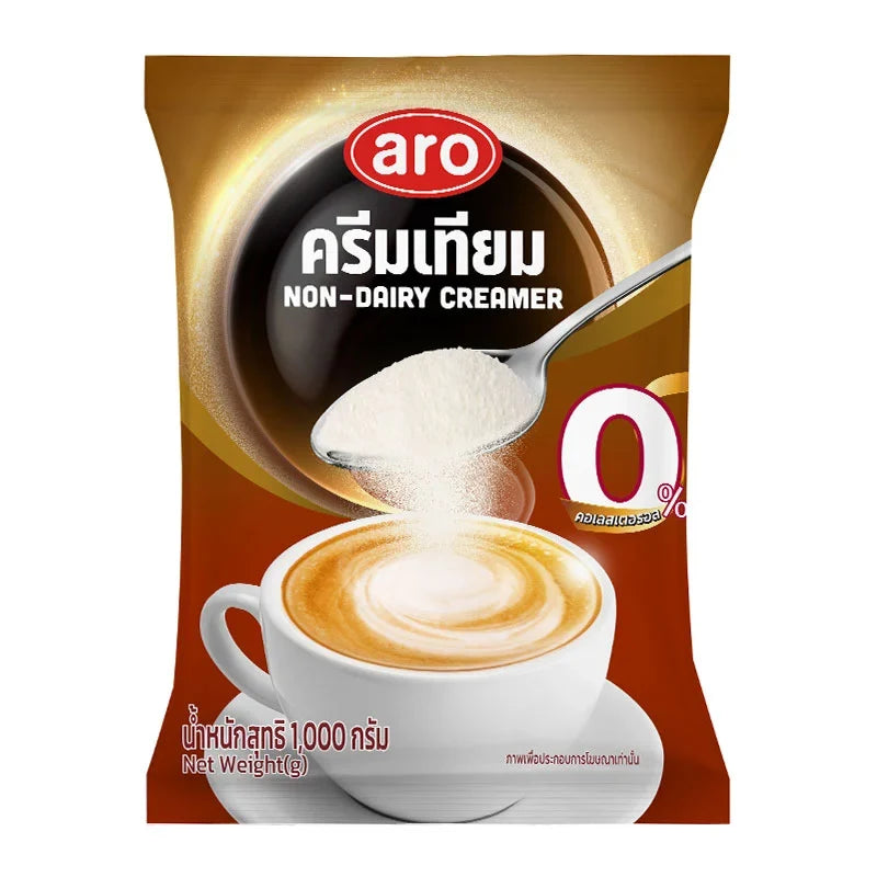 Aro non-dairy creamer 1kg package, dry grocery product, white powder in a sealed bag, suitable for coffee and baking.