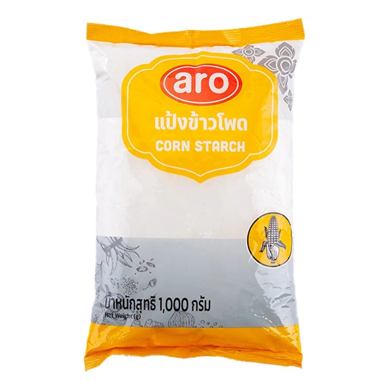 Aro Corn Starch 1kg in a white plastic bag, used for cooking and baking, shown in a close-up shot.