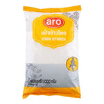Aro Corn Starch 1kg in a white plastic bag, used for cooking and baking, shown in a close-up shot.