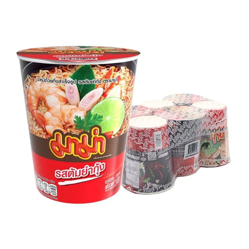 Mama Cup Instant Noodles Tom Yum Kung 60g, dry grocery product with six packs, featuring spicy Thai Tom Yum flavor packaging.