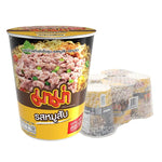Mama Cup Instant Noodles with Minced Pork, 60g x 6, dry grocery product featuring packaged noodle cups with pork flavor and seasoning.