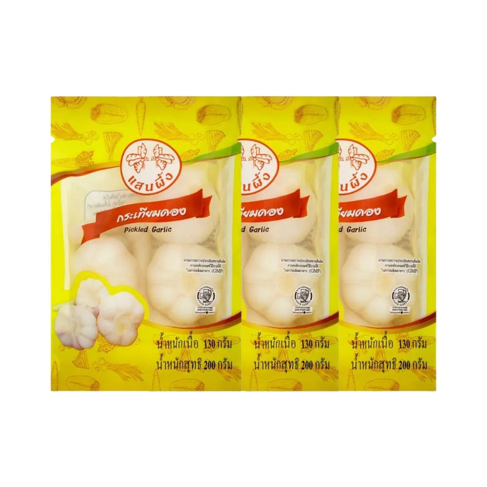 Saen Phung Phueng pickled garlic in 200g package, dry grocery product with whole garlic cloves preserved in brine.
