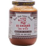 El Charro Mexican red hot sauce bottle with vibrant label, showcasing the spicy red chili sauce for grocery use.