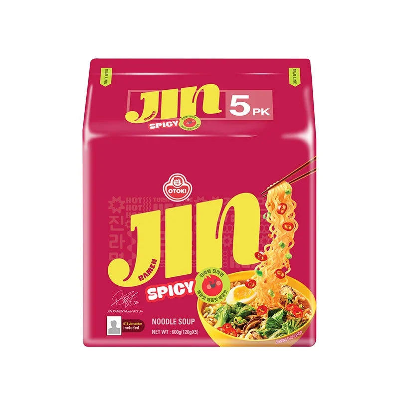 Otoki Jin Ramen Spicy Instant Noodles, 120g pack, dry grocery product with five packs, featuring spicy flavor and packaging details.