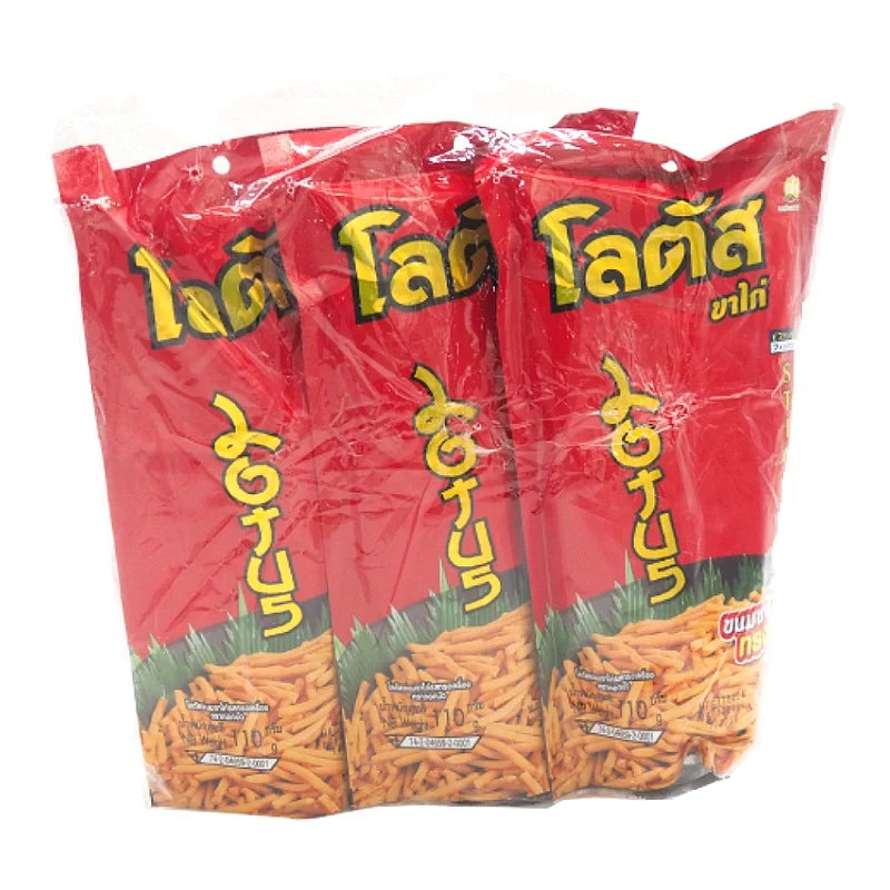 Lotus Biscuit Sticks 110g pack, crispy snack cookies from Lotus, shown in a 3-pack arrangement for dry grocery and confectionery purposes.