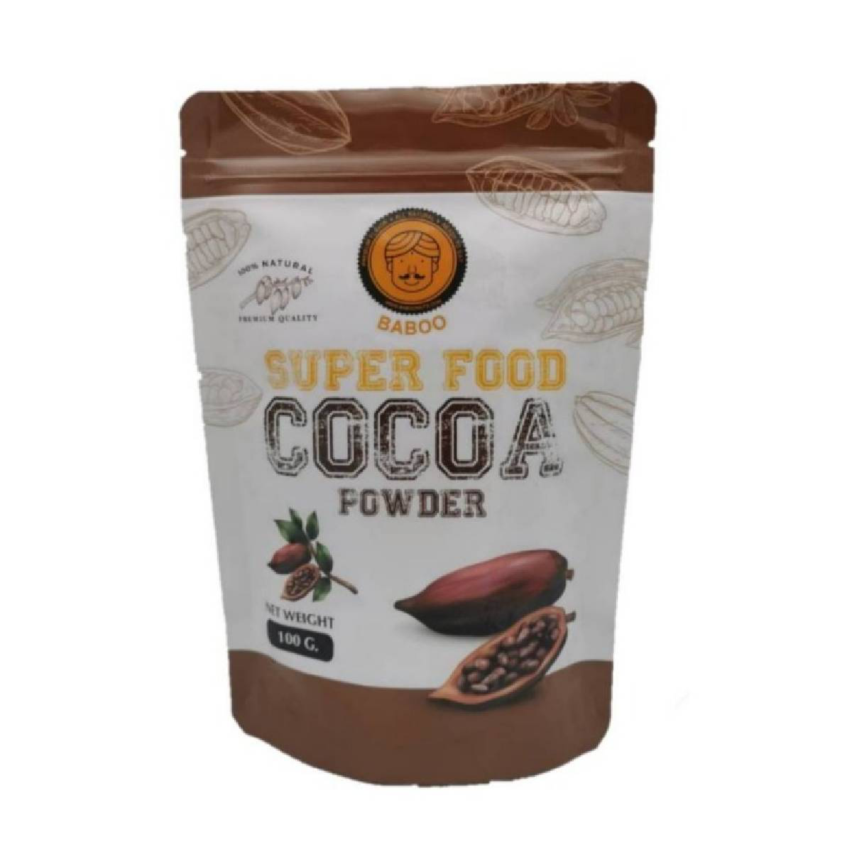 Baboo Cocoa Powder for healthy confectionery snacks, featuring a close-up of the dark, rich cocoa powder in a jar.