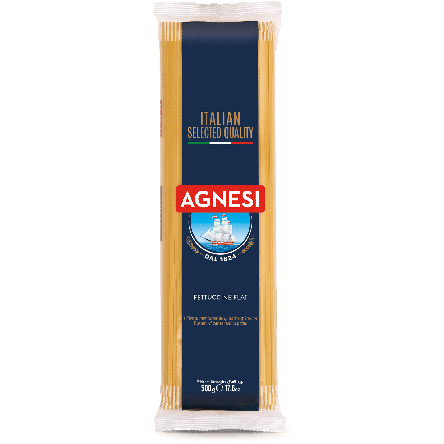 Agnesi Fettuccine #29 pasta in a package, Italian grocery product with long, flat noodles for cooking and recipes.