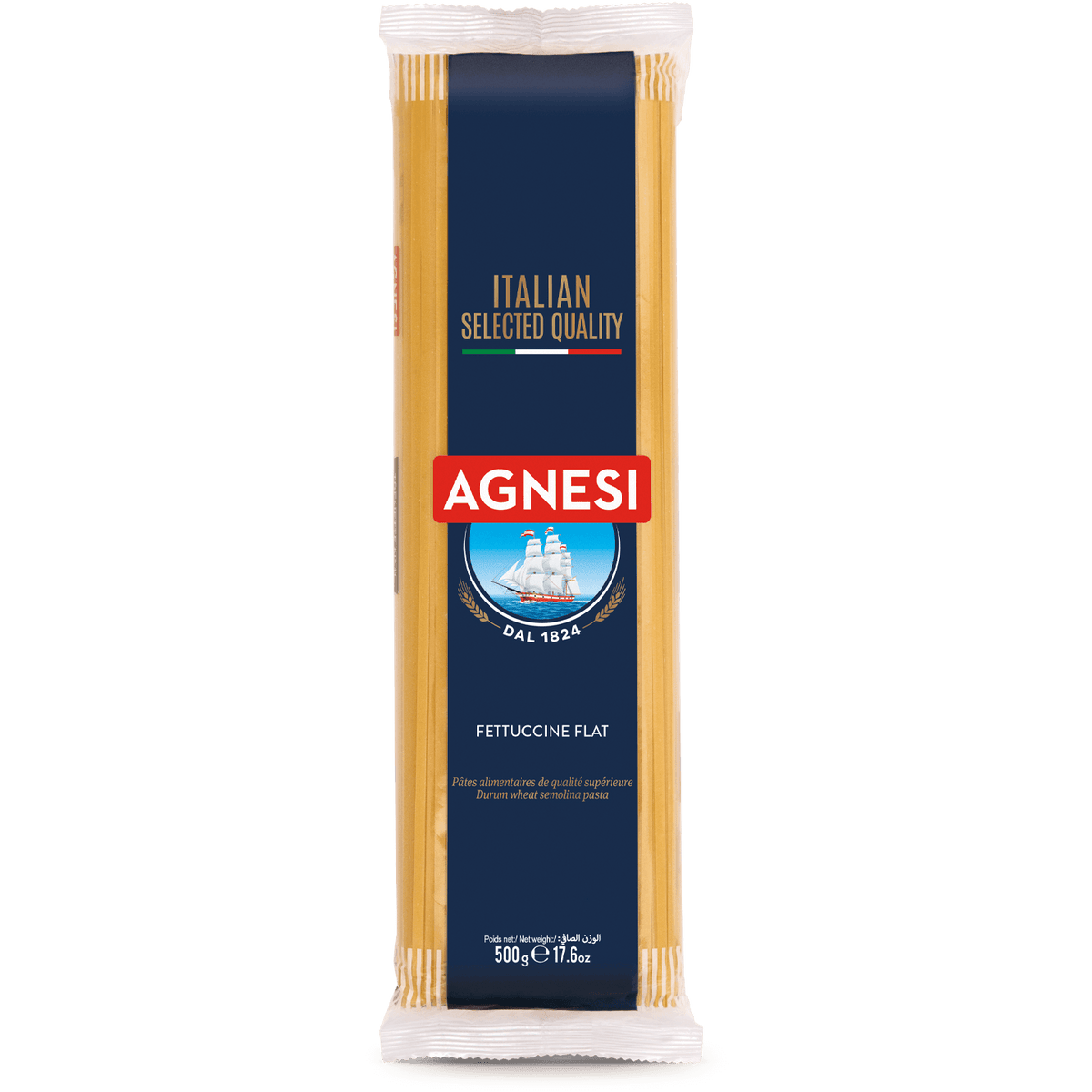 Agnesi Fettuccine #29 pasta in a package, Italian grocery product with long, flat noodles for cooking and recipes.