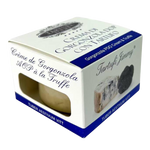 Tartufi Jimmy Gorgonzola Dop cream with truffles in a jar, creamy blue cheese spread with black truffles, grocery product.