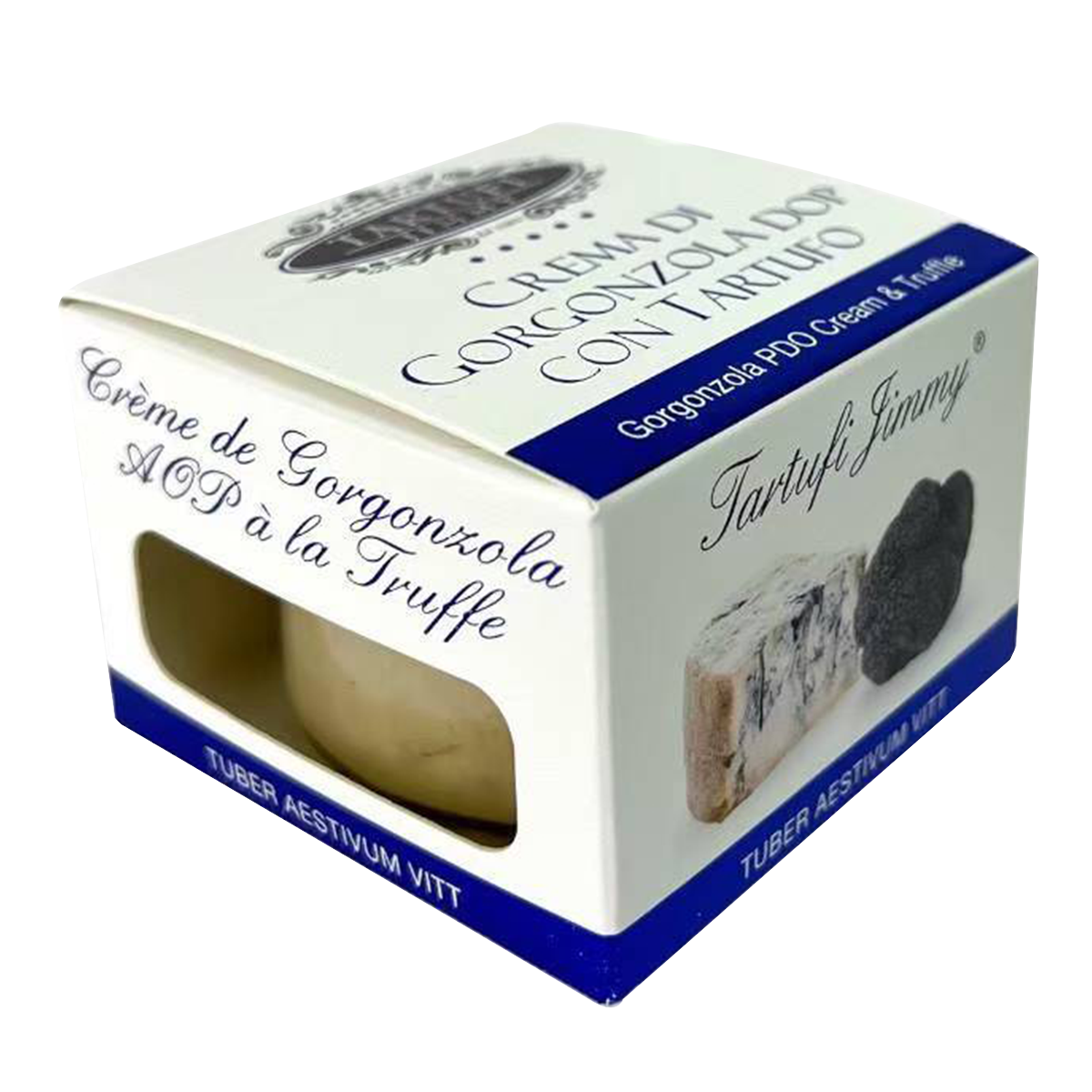 Tartufi Jimmy Gorgonzola Dop cream with truffles in a jar, creamy blue cheese spread with black truffles, grocery product.