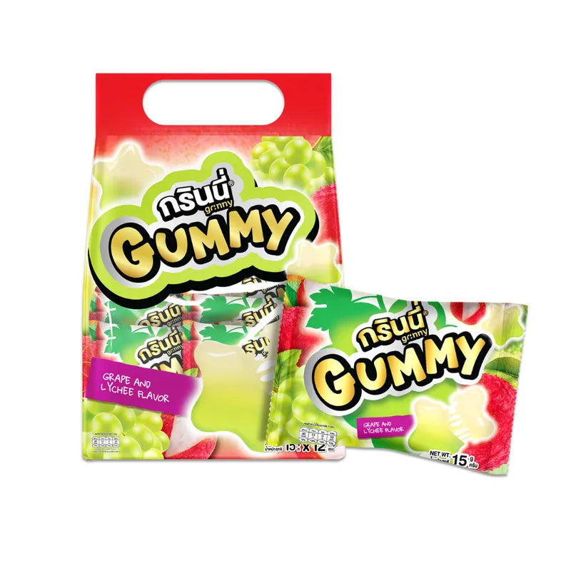 Grinny Pectin Gummy Star snacks in grape and lychee flavor, colorful star-shaped candies in 15g package.