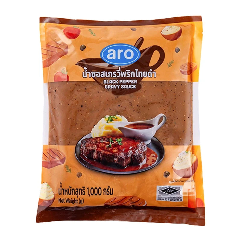 ARO Black Pepper Gravy Sauce 1kg in a plastic jar, showcasing the black pepper flavor and packaging for dry grocery use.