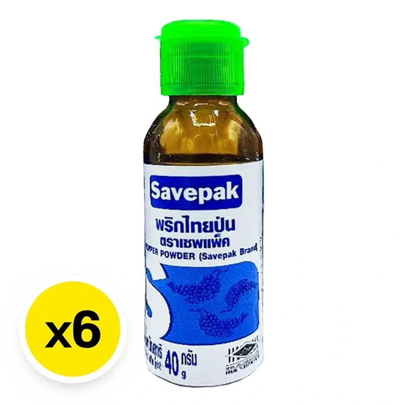 Savepak ground pepper in 40g packets, part of a 6-pack, ideal for dry grocery spices and seasoning.