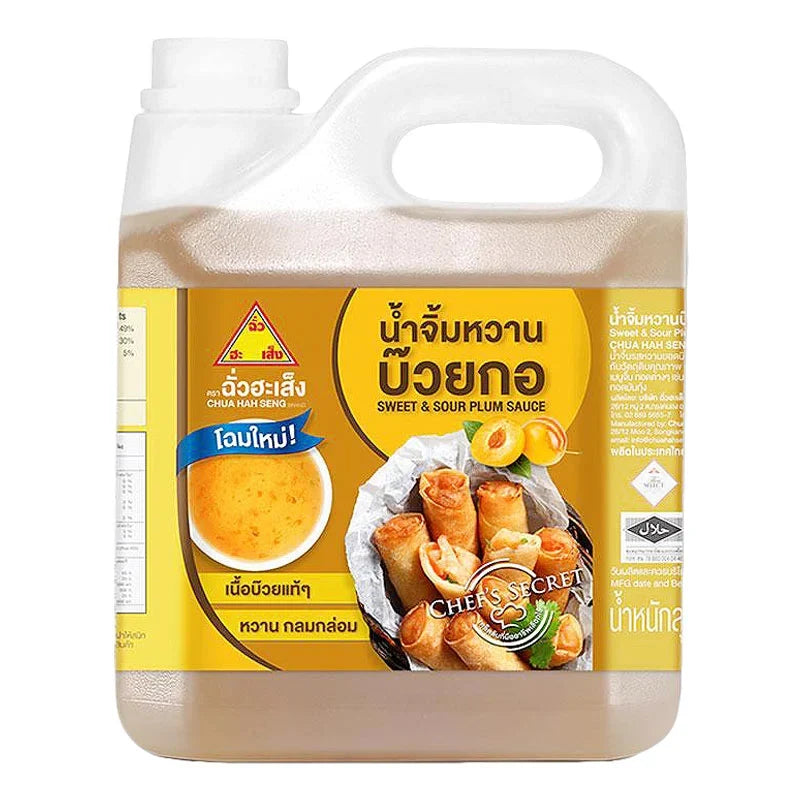 Chua HAH Seng Plum Sauce 3.6kg bottle, a traditional dry grocery condiment with a rich, tangy flavor for cooking and dipping.