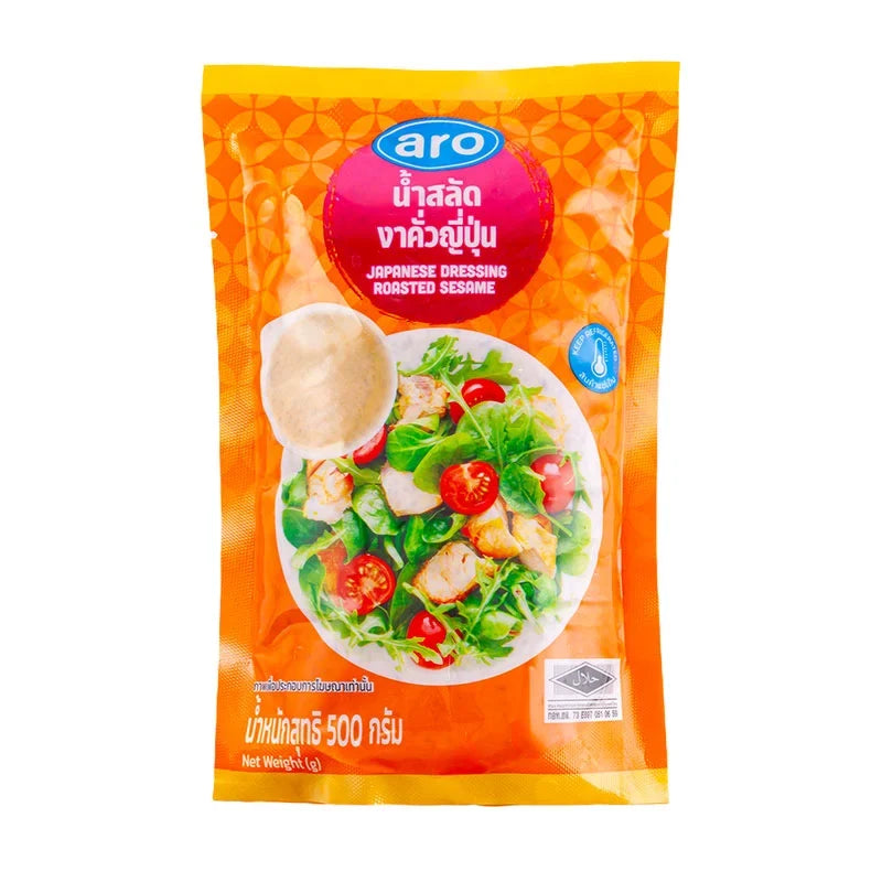 ARO Sesame Dressing 500g dry grocery bottle with a label featuring sesame seeds and branding, ready for use in salads and dishes