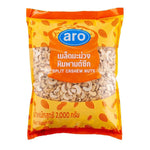 A bag of ARO Split Cashew Nuts, 2kg, dry grocery product with visible split cashews in a clear package.