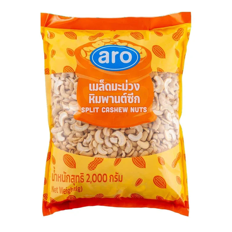 A bag of ARO Split Cashew Nuts, 2kg, dry grocery product with visible split cashews in a clear package.
