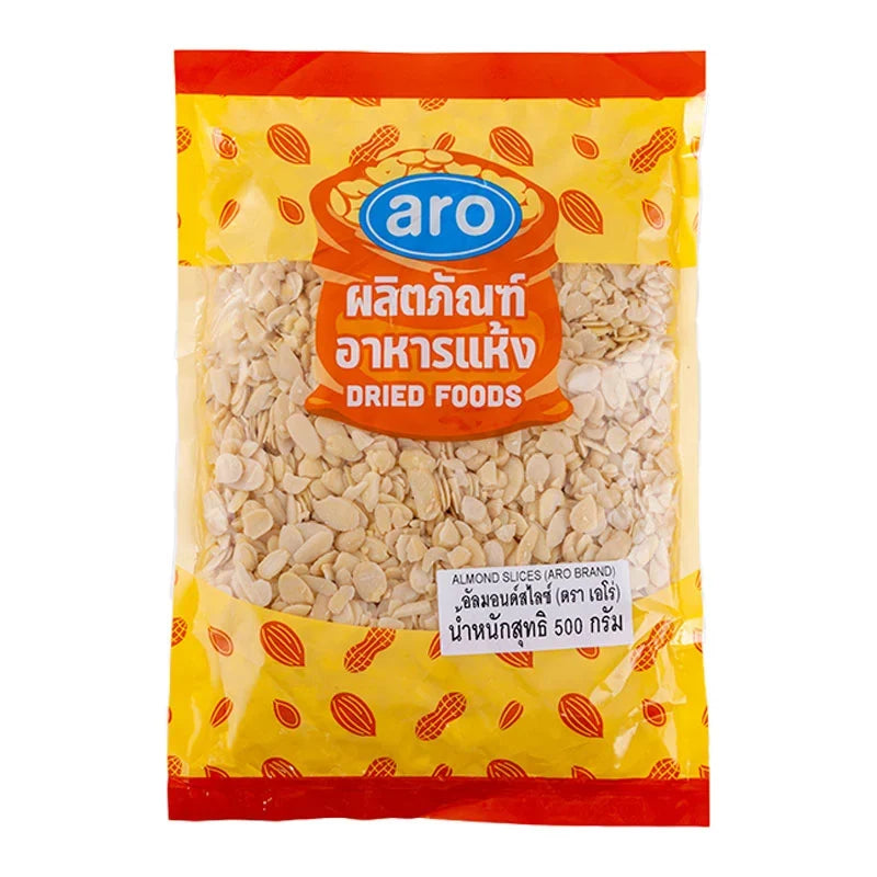 ARO sliced almond seeds in a 500g package, dry grocery product, showing close-up of sliced almonds in clear packaging