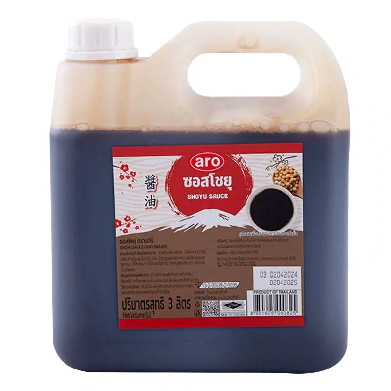 Bottle of ARO Shoyu Sauce 3L in a clear plastic container, used for cooking and seasoning in Asian cuisine.