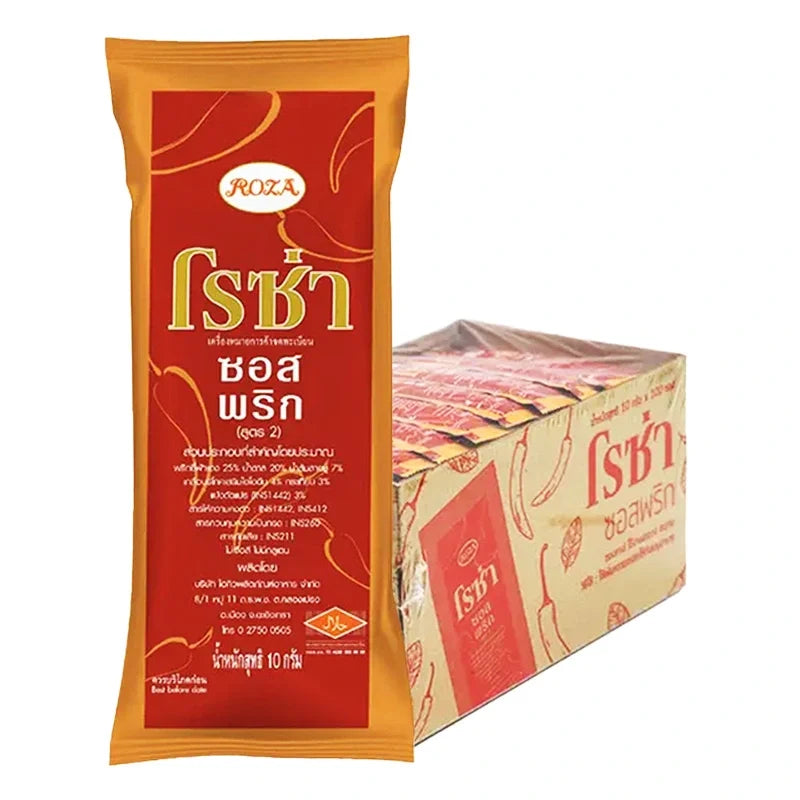 Roza Chili Sauce 10g packet, dry grocery product, with vibrant red chili sauce packaging and branding.