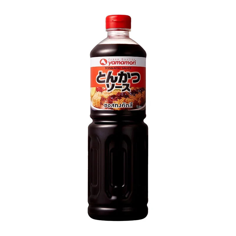 Yamamori Tonkatsu Sauce 1L bottle, Japanese dry grocery condiment with rich, savory flavor, in a clear plastic bottle with label.