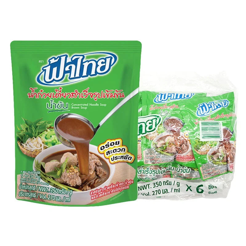 Fathai Concentrated Noodle Soup 350g pack of 6, dry grocery product with unopened noodle soup packages and branding.