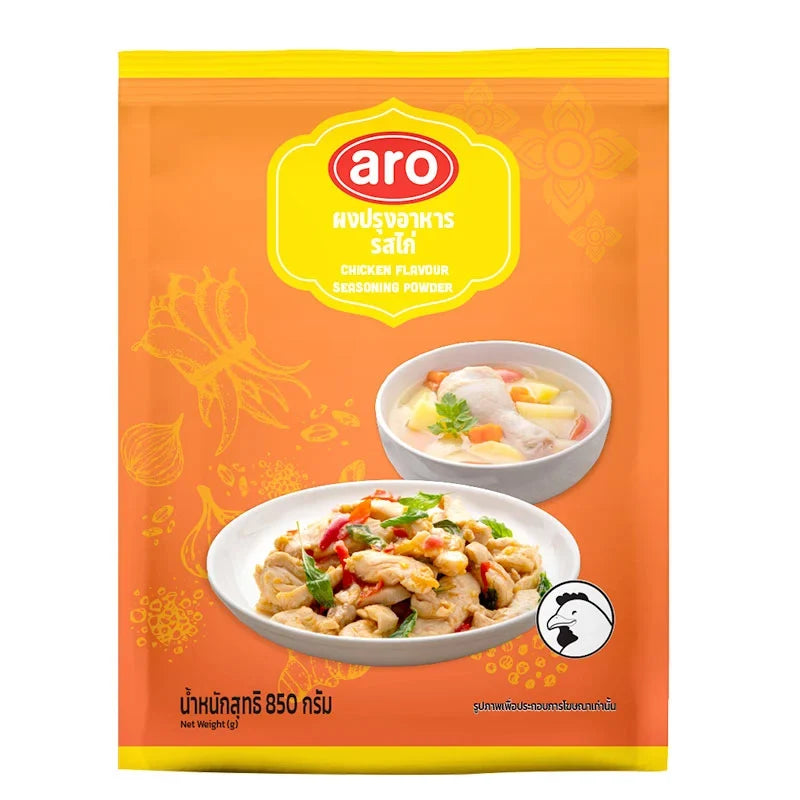 A bottle of ARO Chicken Flavored Seasoning Powder 850g for enhancing dishes, shown in a clear plastic container with a label.