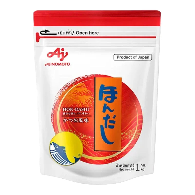 Ajinomoto Hondashi powdered seasoning in 1kg package, dry grocery product with white and red label, Japanese culinary ingredient
