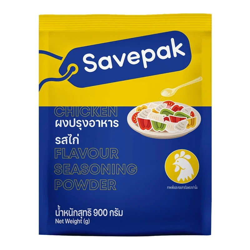 Savepak Chicken Seasoning Powder 900g jar, dry grocery product with a label featuring spicy seasoning and brand logo.