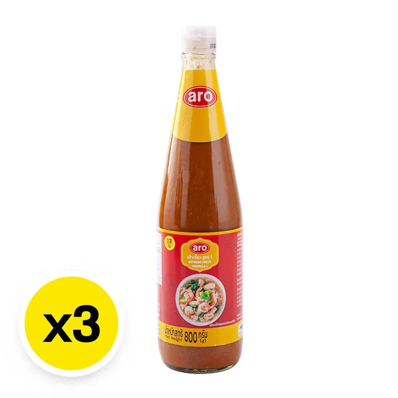 Aro soybean paste recipe in 800g containers, three-pack, dry grocery product with white paste in clear jars.