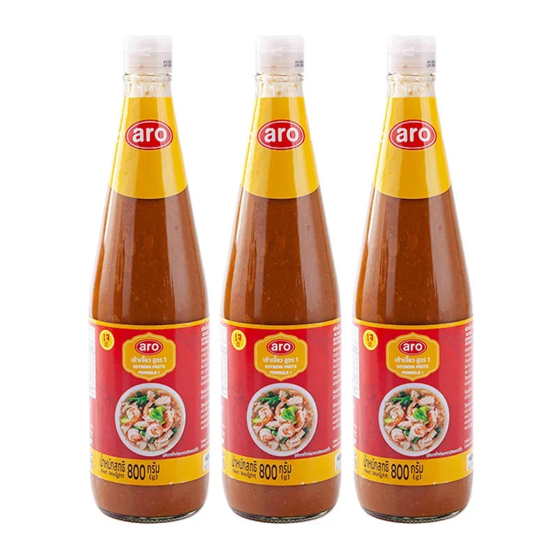 Aro soybean paste recipe in three 800g jars, dry grocery product, with packaging label showing soybeans and cooking illustration.