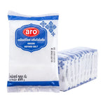 ARO Iodized Refined Salt 200g pack, dry grocery product, showing salt grains in a clear plastic bag with branding.