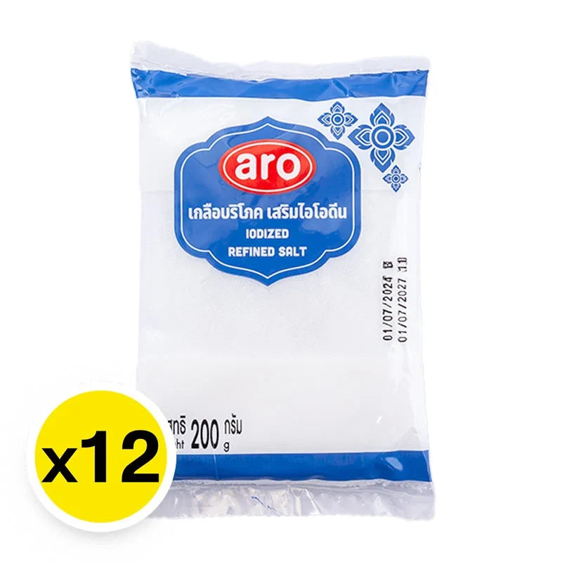 ARO Iodized Refined Salt 200g pack, dry grocery product with white fine salt in a clear bag, ideal for cooking and seasoning.