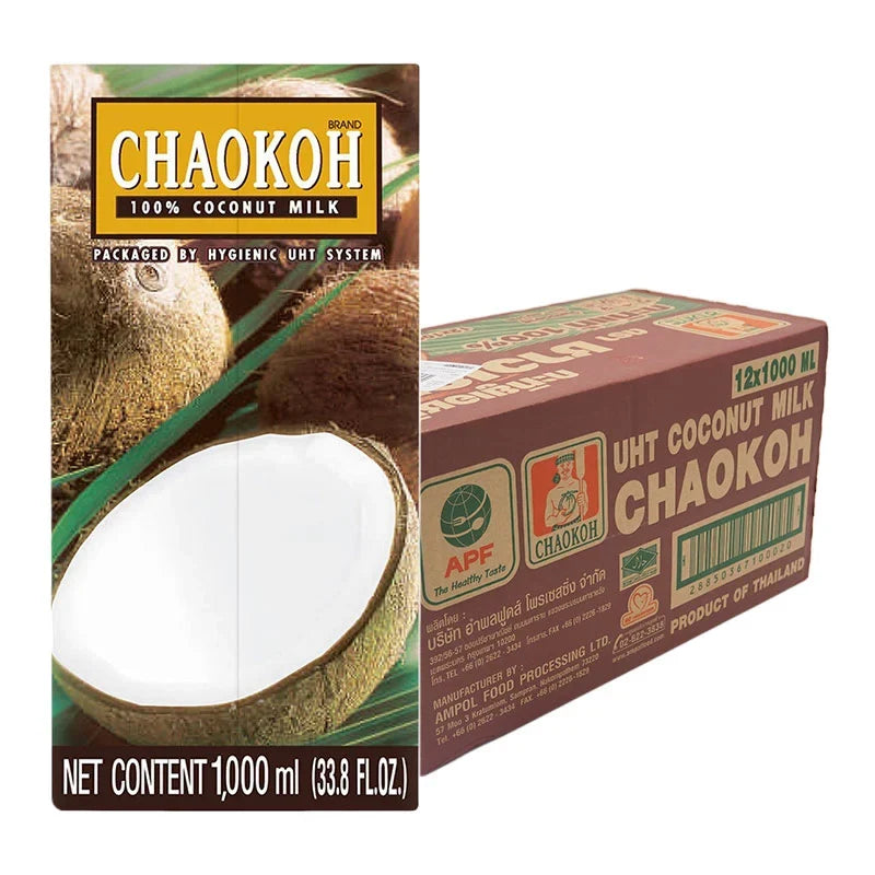 Chaokoh Coconut Milk 1L bottle, part of a 12-pack, in a clear container showing creamy coconut milk for cooking and baking.