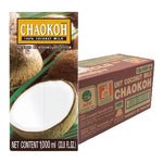 Chaokoh Coconut Milk 1L bottle, part of a 12-pack, in a clear container showing creamy coconut milk for cooking and baking.