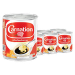 Carnation sweetened beverage creamer in 388g package, shown in six-pack dry grocery product image with creamy powder content.